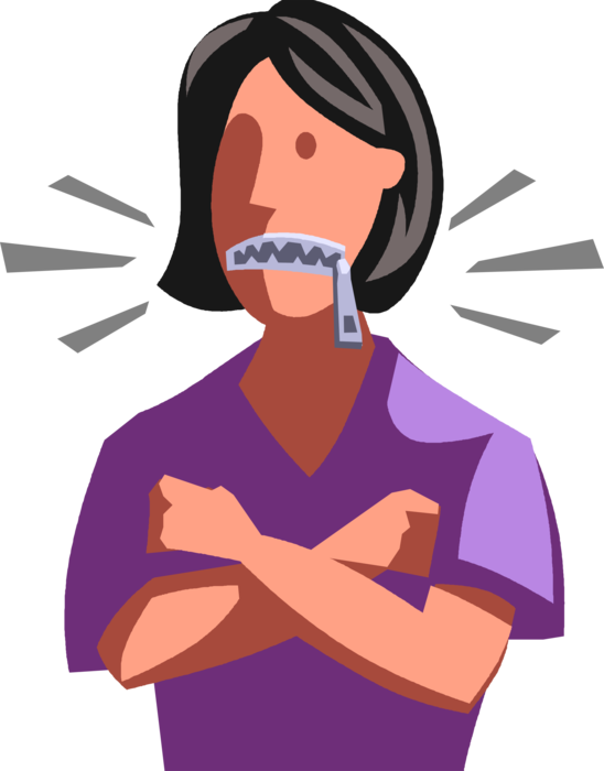 Vector Illustration of Businesswoman Maintains Secrecy and Remains Silent with Mouth Zipped or Zippered