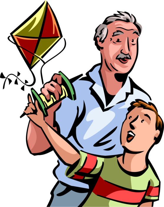 Vector Illustration of Senior Citizen Grandfather Enjoys Outdoor Fun with Grandson Kite Flying