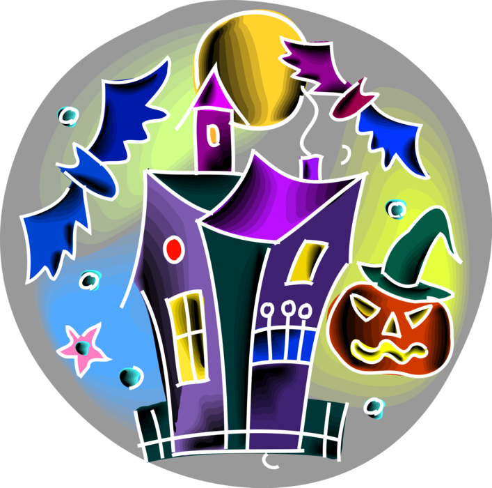 Vector Illustration of Halloween Haunted House with Vampire Bats and Jack-o'-lantern Carved Pumpkin