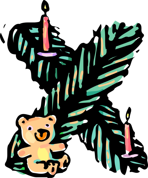 Vector Illustration of Christmas Holiday Season Evergreen Branch Festive Alphabet Letter X with Teddy Bear and Candles