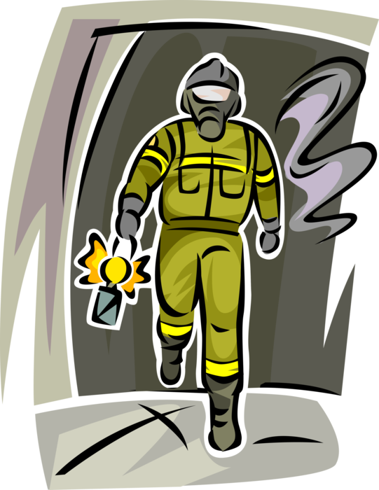 Vector Illustration of Firefighter Fireman with Hazmat Suit Inspects Contaminated Facilities for Toxic Chemicals