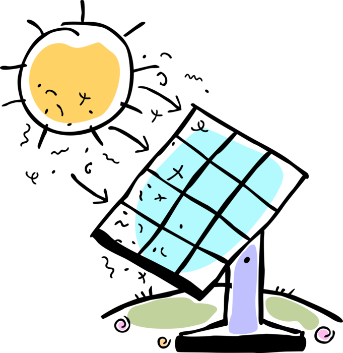 Vector Illustration of Harnessing and Distributing Renewable Photovoltaic Solar Energy Electrical Power with Sunshine Rays