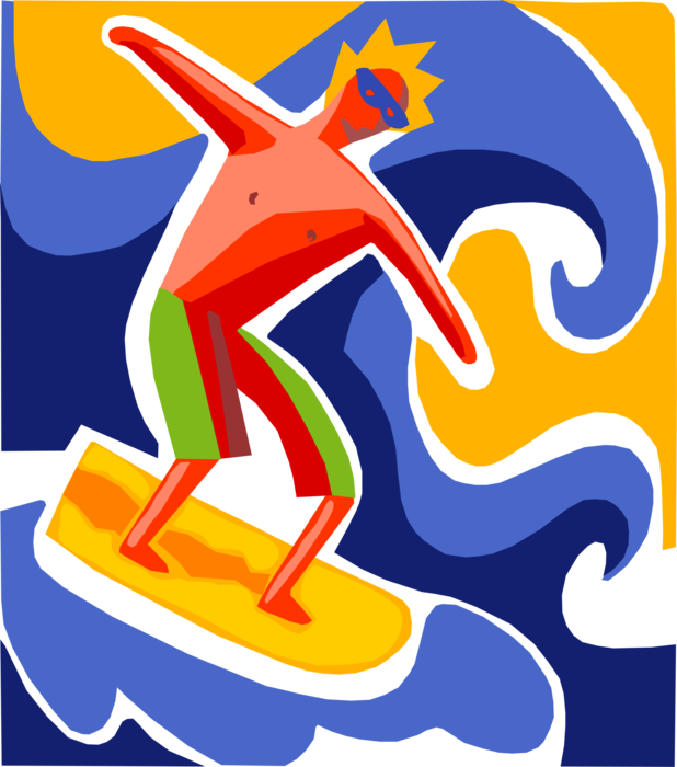 Vector Illustration of Surfer Catches Wave Surfing on Surfboard in Ocean Surf