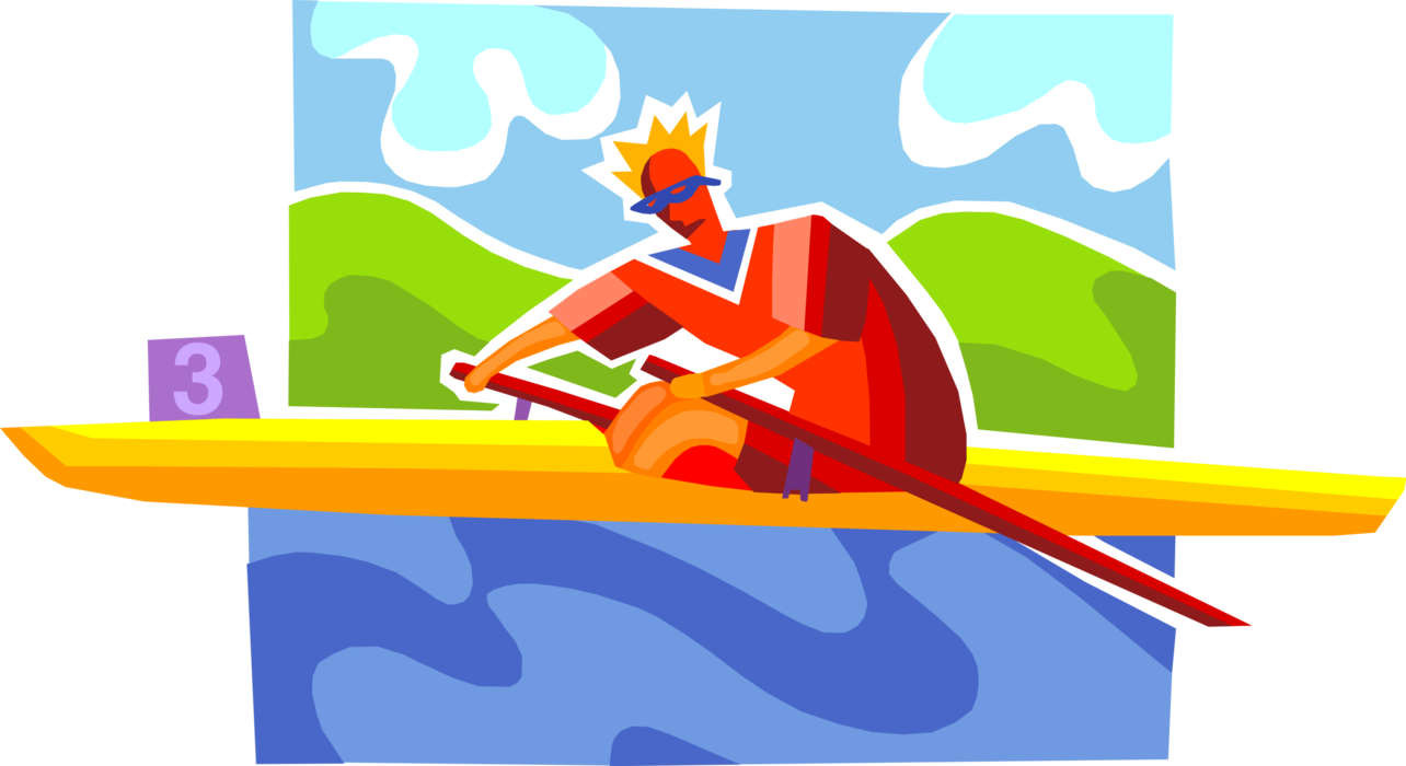 Vector Illustration of Kayaker in Kayak with Paddle Oar Rowing in Kayaking Race