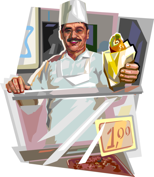 Vector Illustration of Middle Eastern Bazaar Food Vendor Serves Kafta Shawarma Chicken Pita