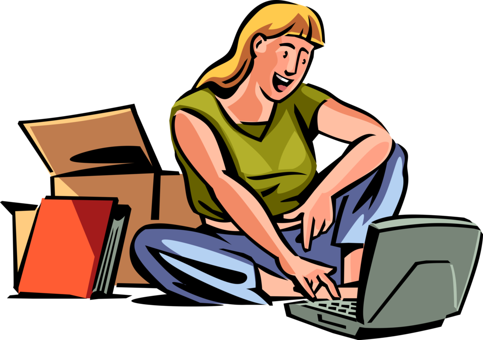 Vector Illustration of College or University Student Unpacks Boxes in Dorm Room and Chats on Computer