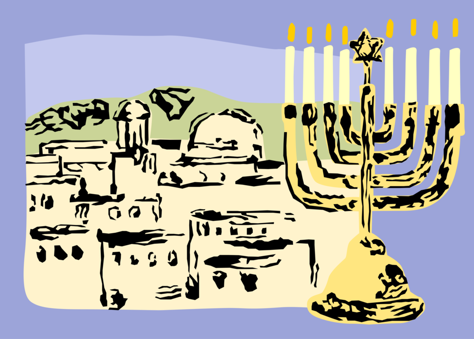 Vector Illustration of Urban Metropolitan City of Jerusalem with Jewish Chanukah Hanukkah Menorah Lampstand Nine Candles Candelabrum 