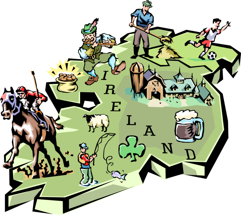 Vector Illustration of Republic of Ireland and Northern Ireland Vignette Map with Tourism Infographic Icons