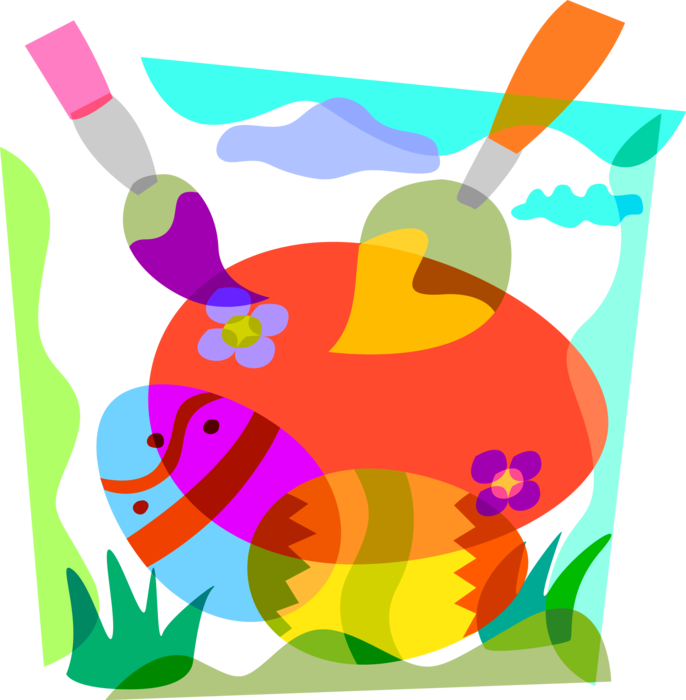 Vector Illustration of Paintbrushes Painting and Decorating Colorful Easter Eggs