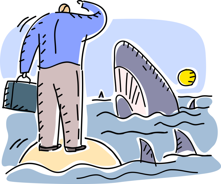 Vector Illustration of Shipwrecked Businessman Stranded on Island Faces Crisis and Danger in Shark Infested Waters
