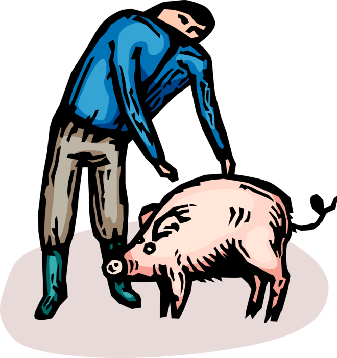 Vector Illustration of Farmer and Domesticated Pig in Farm Pigsty Pigpen
