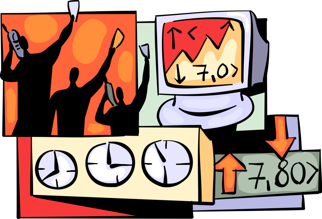 Vector Illustration of Wall Street Stock Market Traders and Brokers Trade Financial Stocks in International Time Zones
