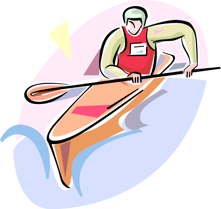 Vector Illustration of Kayaker Kayaking Rapids in Kayak Watercraft with Oar