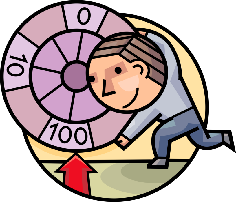 Vector Illustration of Casino Gambler Spins Wheel of Chance Game