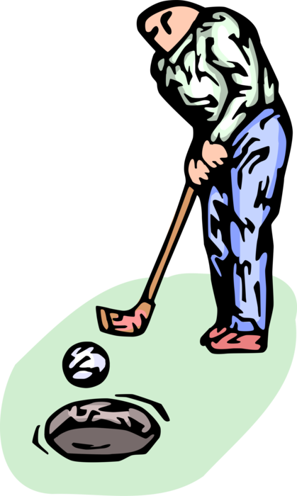 Vector Illustration of Sport of Golf Golfer Makes Putt on Golfing Green with Golf Club and Ball