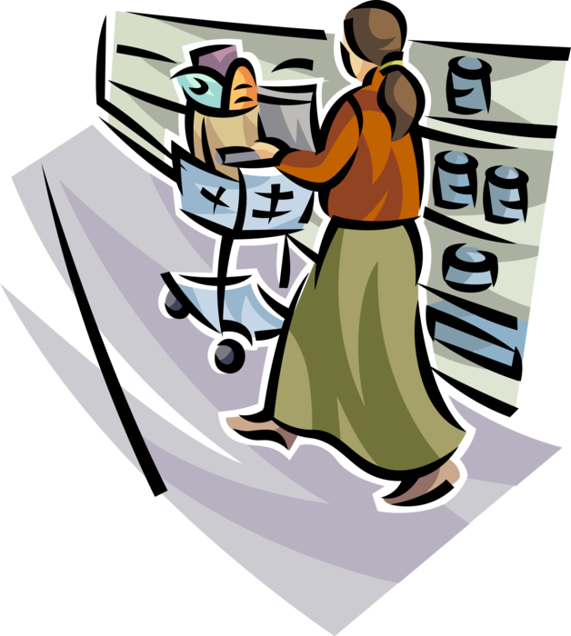 Vector Illustration of Supermarket Grocery Store Shopper Pushes Grocery Cart in Food Market Store