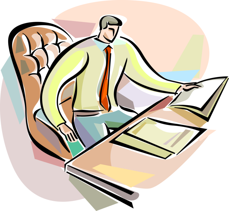 Vector Illustration of Businessman Working on Office Paperwork at Desk