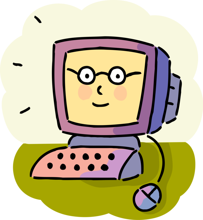 Vector Illustration of Anthropomorphic Personal Computer Desktop System with Happy Face