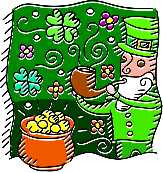 Vector Illustration of St Patrick's Day Irish Leprechaun Smokes Tobacco Pipe and Pot of Gold