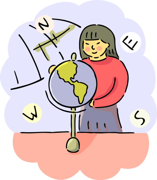 Vector Illustration of School Student in Geography Class with World Globe