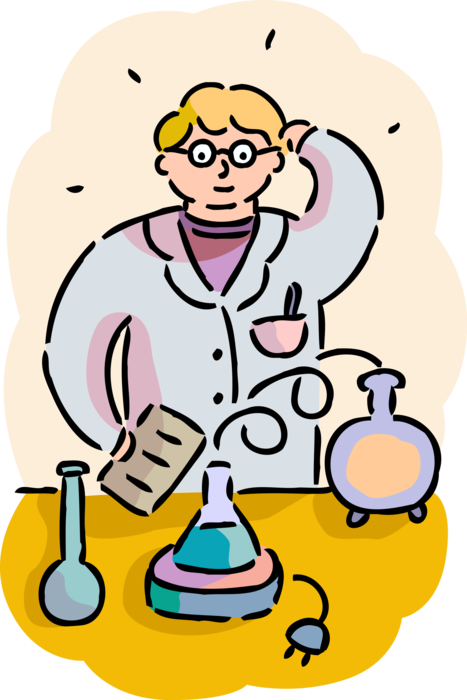 Vector Illustration of Chemist at Work in Research Laboratory with Science Glassware