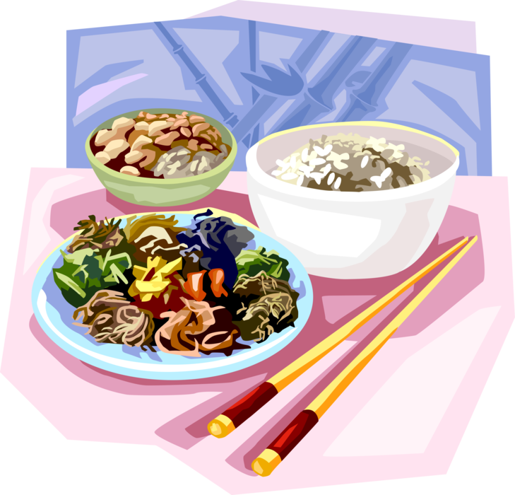 Vector Illustration of Korean Cuisine Boiled Rice and Vegetables with Four Staple Cereals