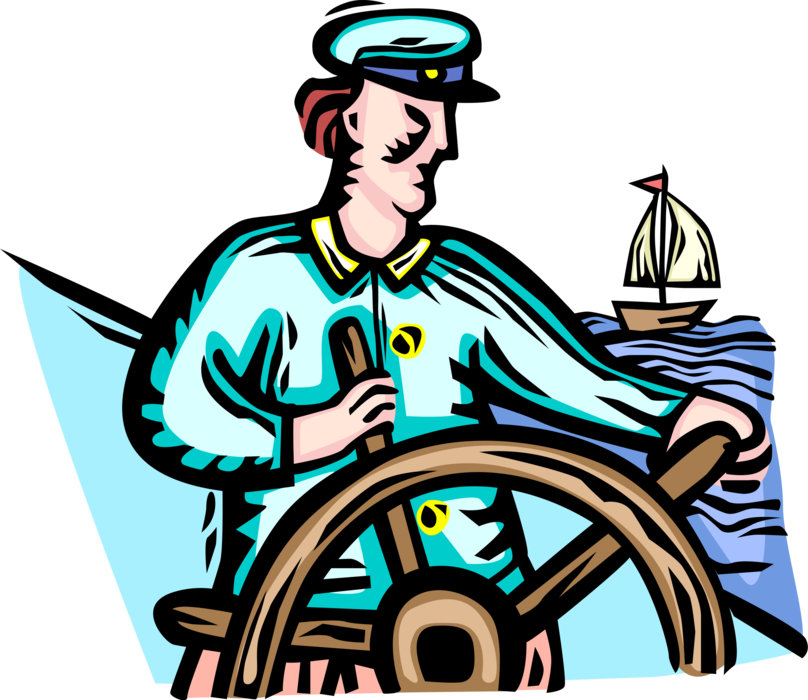 Vector Illustration of Maritime Captain at Helm of Sailing Vessel Ship Steers Course with Ship's Helm Wheel
