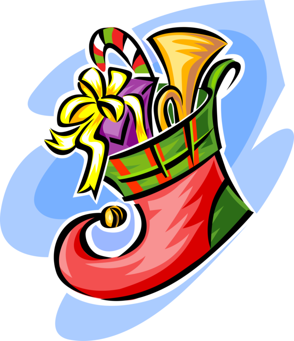 Vector Illustration of Festive Season Christmas Stocking with Gifts, Trumpet Horn and Candy Cane