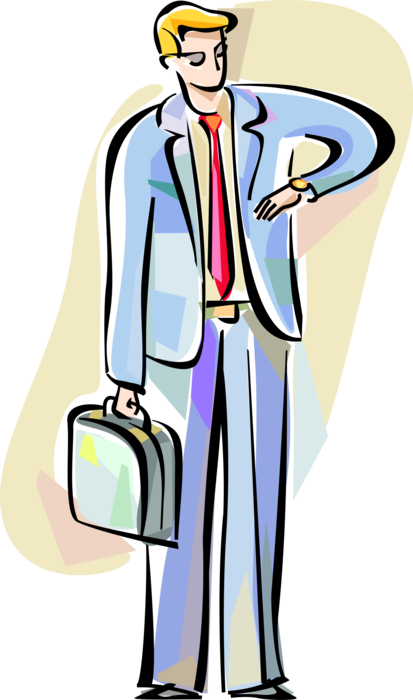 Vector Illustration of Businessman with Briefcase Checks Time on Wristwatch Watch