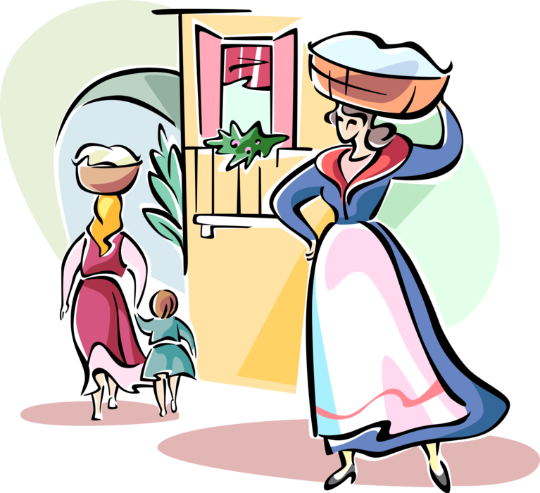 Vector Illustration of Italian Women Carry Baskets on Head