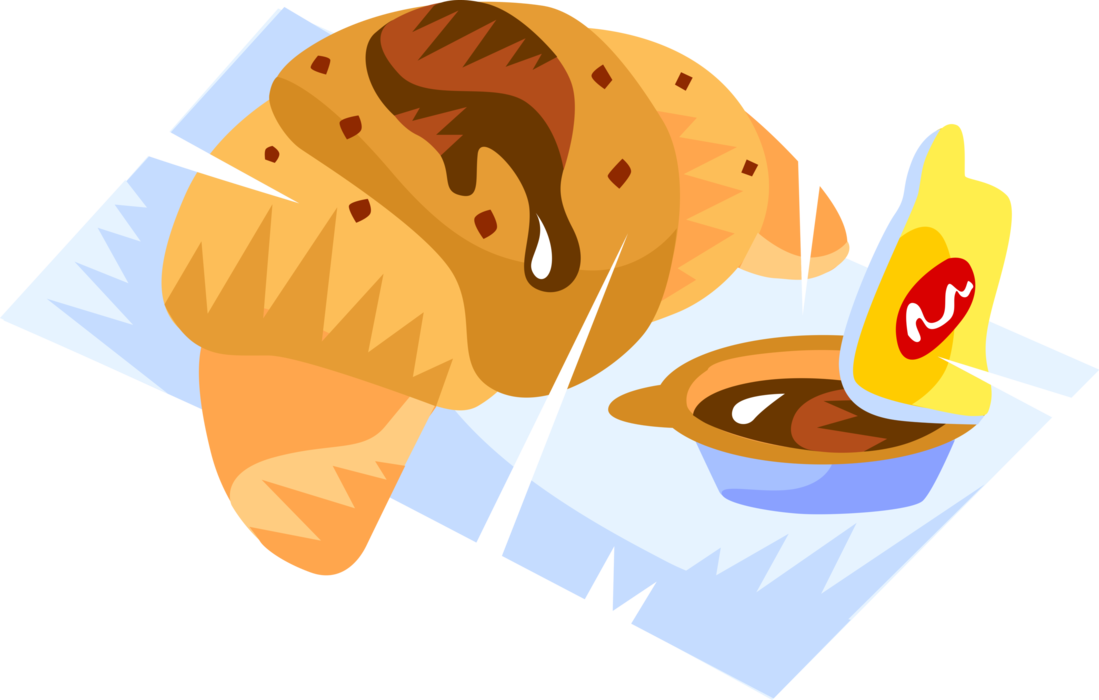 Vector Illustration of Freshly Baked Flaky, Viennoiserie-Pastry Croissant Food Bread with Nutella Chocolate-Hazelnut Spread