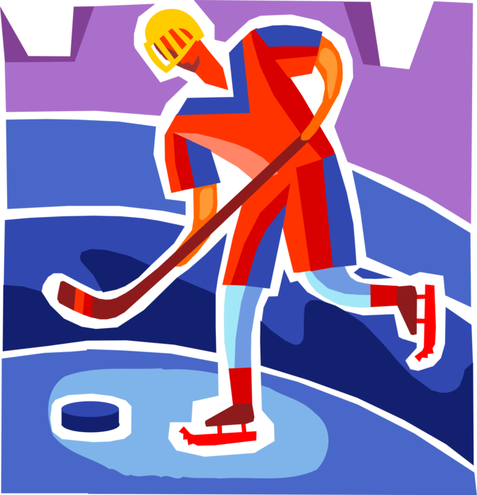 Vector Illustration of Sport of Ice Hockey Player Takes Shot with Hockey Stick and Puck During Game