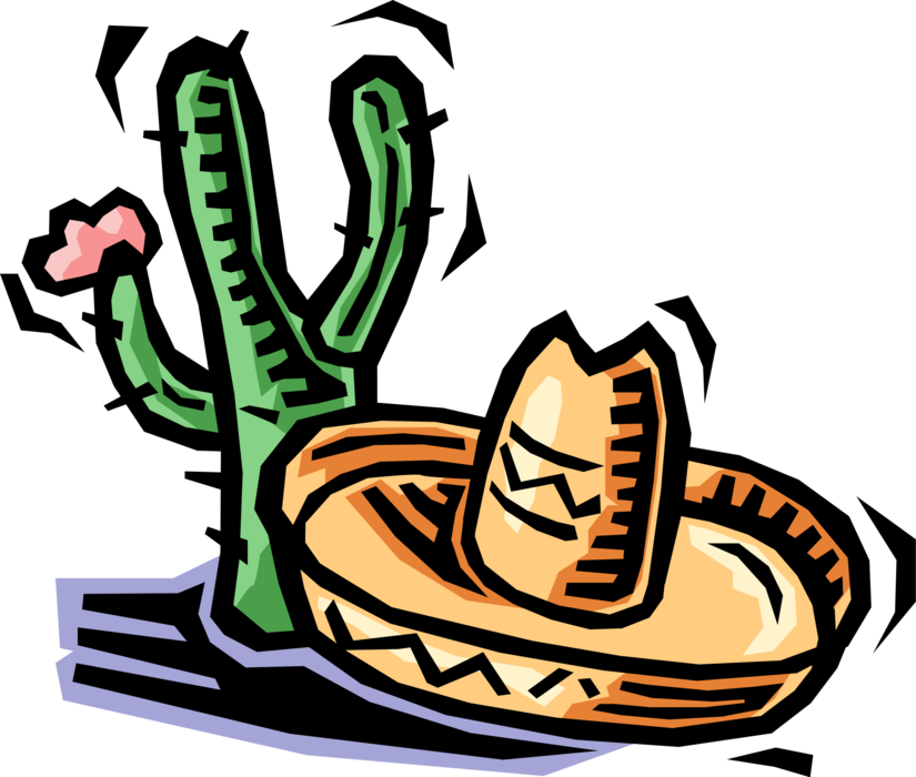 Vector Illustration of Desert Vegetation Succulent Cactus and Mexican Sombrero Hat