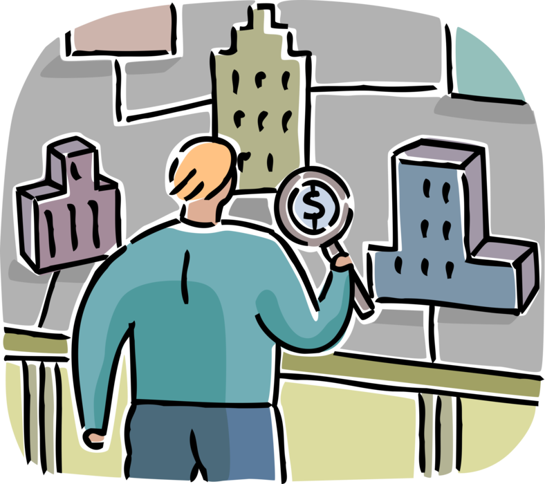 Vector Illustration of Businessman Investigates Commercial Real Estate Development Market with Magnifying Glass