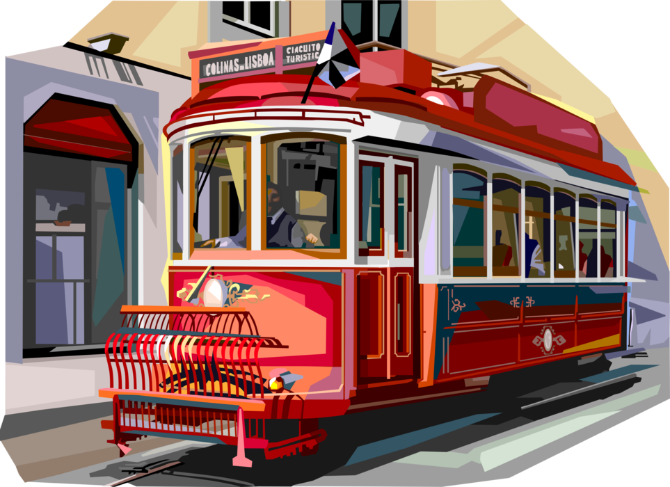 Vector Illustration of Old Tram Streetcar in Lisbon, Portugal 
