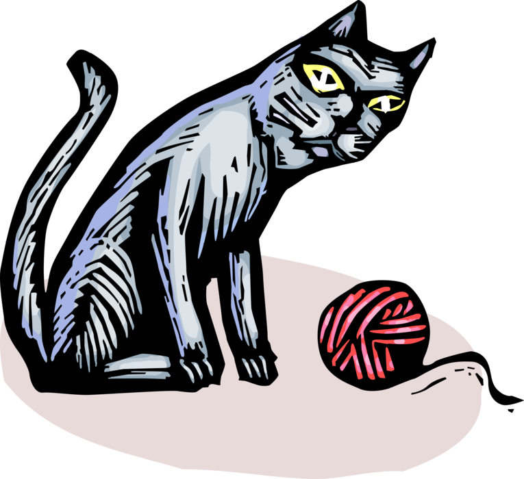 Vector Illustration of Domestic Housecat Loves to Play with Ball of Yarn
