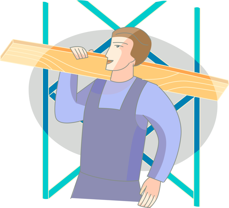 Vector Illustration of Building Construction Site Carpenter Carries Lumber Wood Board with Scaffold