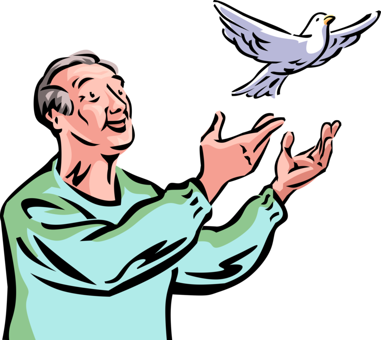 Vector Illustration of Retired Elderly Senior Citizen Releases Dove Bird to Fly Free