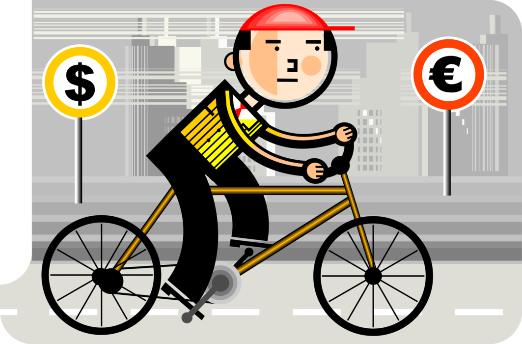 Vector Illustration of Businessman Cyclist Rides Bicycle with Financial Cash Money Dollar and Euro Traffic Signs