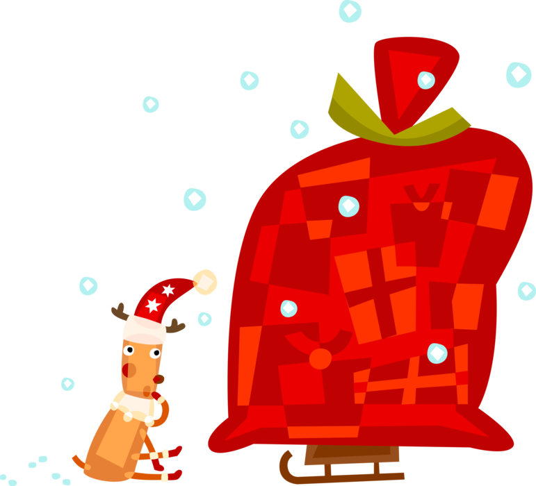 Vector Illustration of Curious Reindeer Looks at Giant Sack of Christmas Toys on Toboggan Sled Sleigh