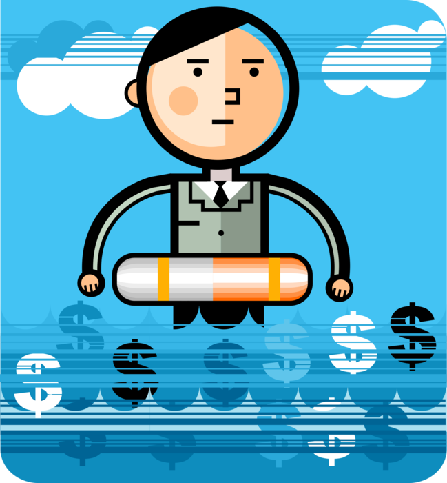 Vector Illustration of Businessman Stays Afloat in Turbulent Financial Waters with Life Ring Preserver Personal Flotation Device
