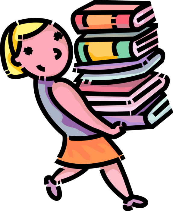 Vector Illustration of Primary or Elementary School Student Girl Carries Stack of Schoolbook Textbook Books