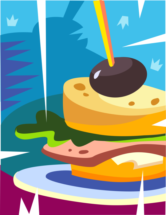 Vector Illustration of Lunch Sandwich Sliced Cheese or Meat Placed Between Slices of Bread