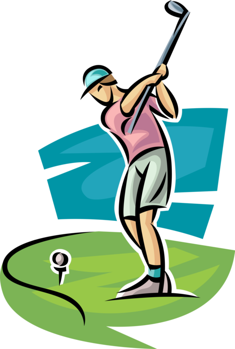 Vector Illustration of Sport of Golf Golfer Swings Golf Club at Golf Ball on Tee