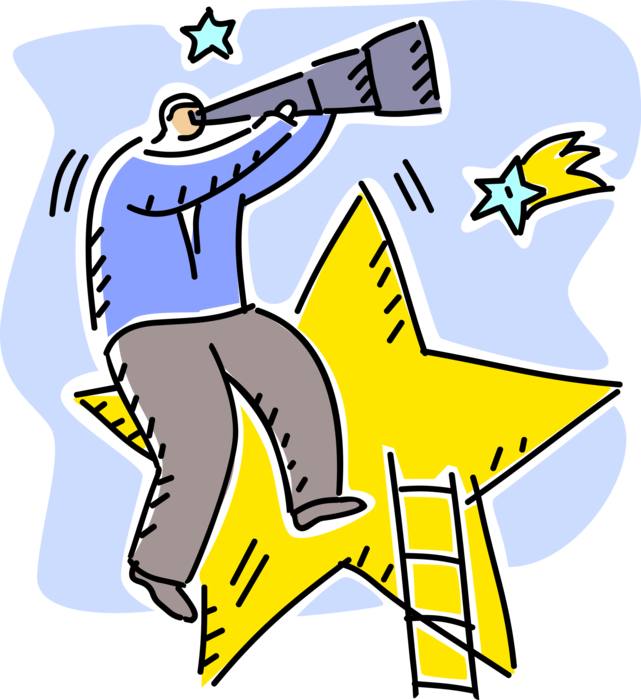 Vector Illustration of Businessman Climbs Ladder to Stars to Forecast Economic Growth with Spyglass Telescope