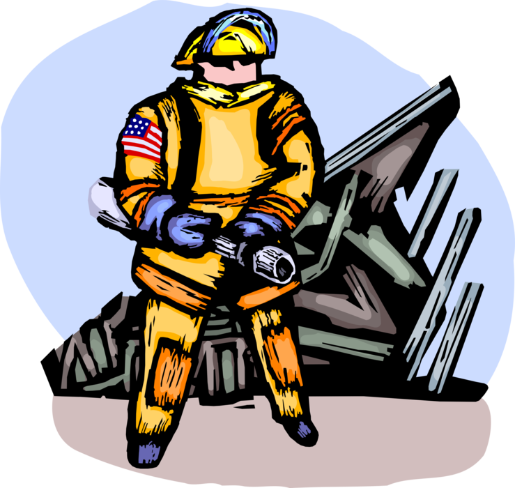 Vector Illustration of Firefighter Fireman with Fire Hose at Ground Zero on September 11, 2001 9/11 Terror Attack at WTC 