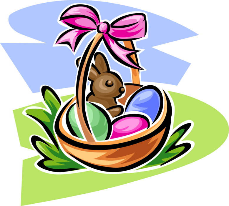 Vector Illustration of Easter Basket with Colored Pascha Eggs and Chocolate Bunny Rabbit