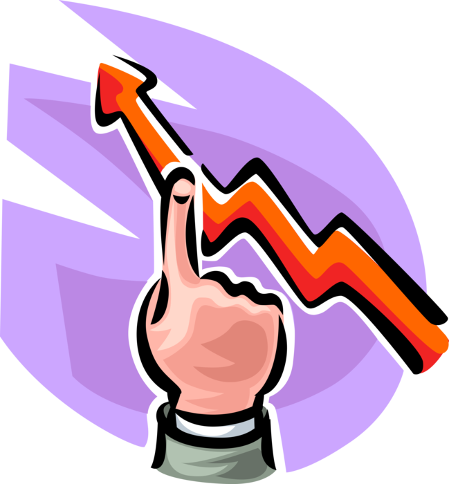 Vector Illustration of Hand Points at Business Sales and Profit Growth Chart Arrow
