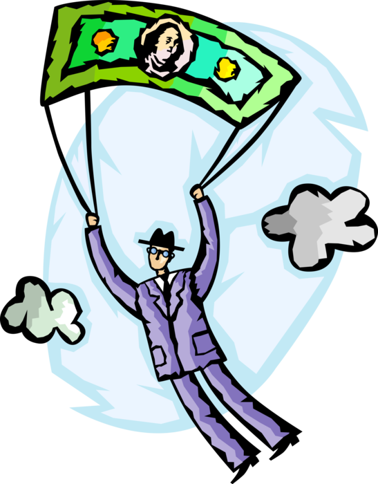 Vector Illustration of Businessman Parachutist with Cash Dollar Money Parachute Floats Safely to Earth