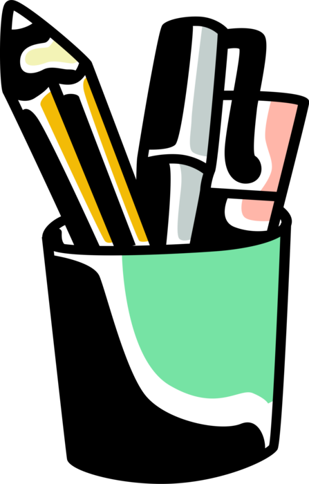 Vector Illustration of Pencil and Pen Writing Instruments in Desk Cup Holder